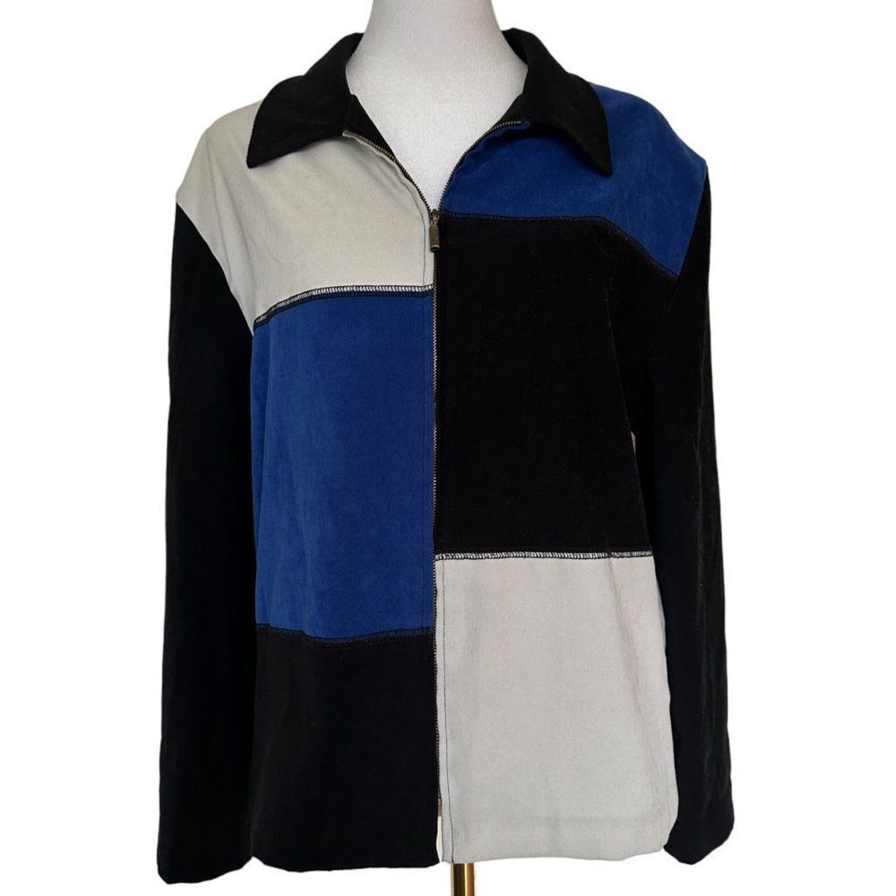 Vintage Color Block Faux Suede Zip Blazer Jacket Size 14  Blue Patch